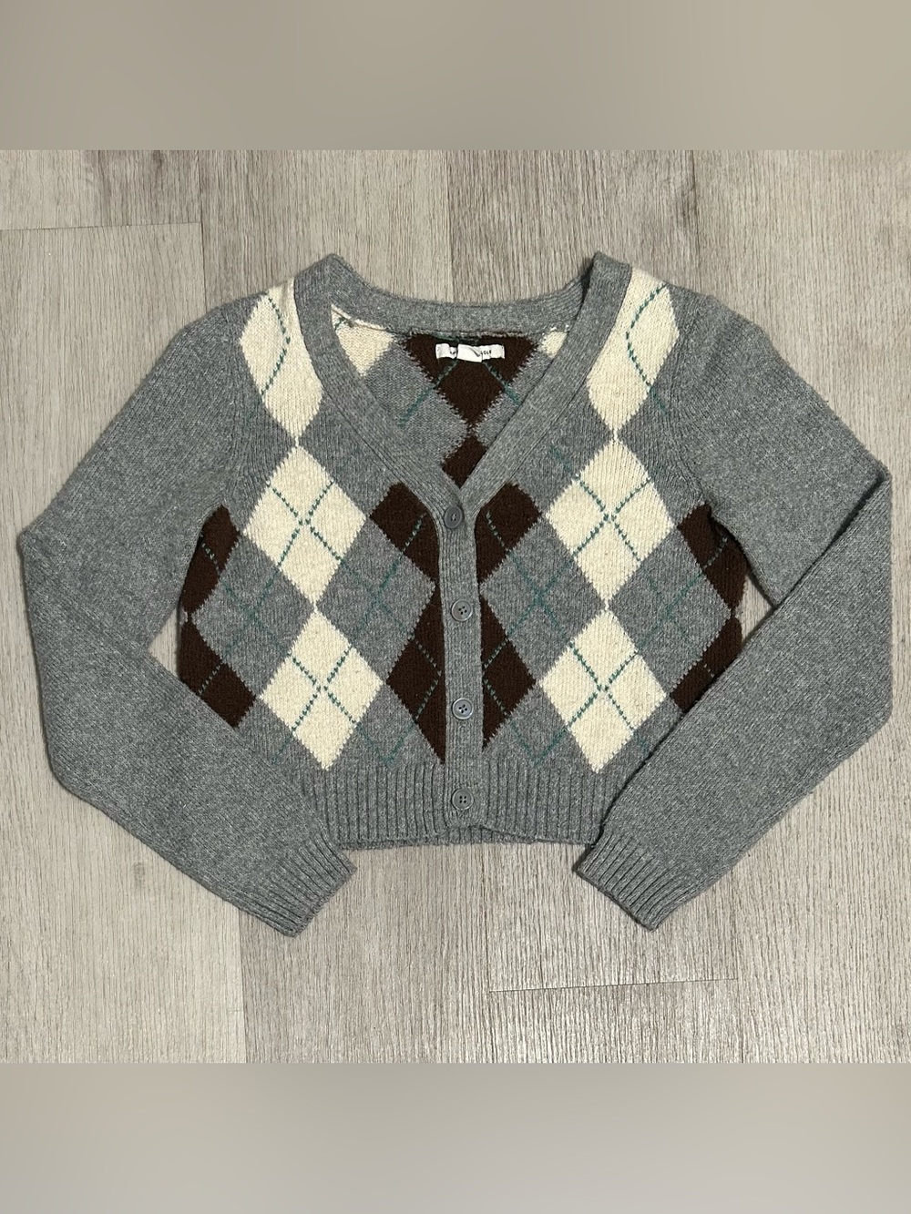 Grey Argyle Button-Front Cardigan